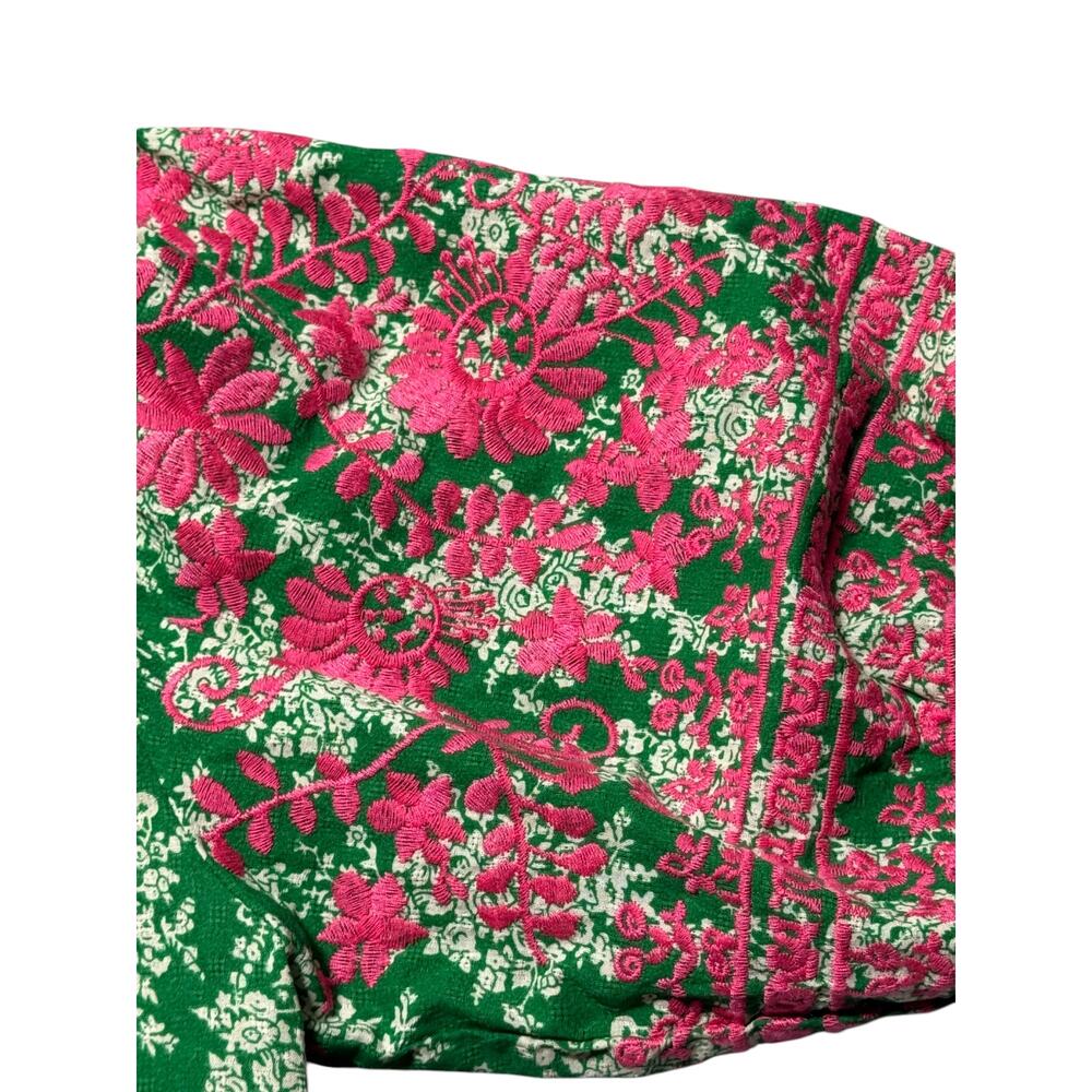 NWT THML Blouse Womens S Green Pink Embroidered Floral Puff Sleeve Button Back - Picture 11 of 16